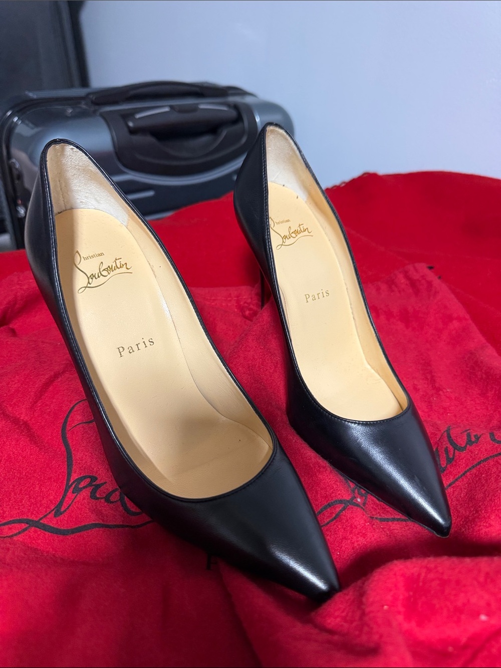Christian Louboutin Black Leather Pointed-Toe Pumps Kate 100